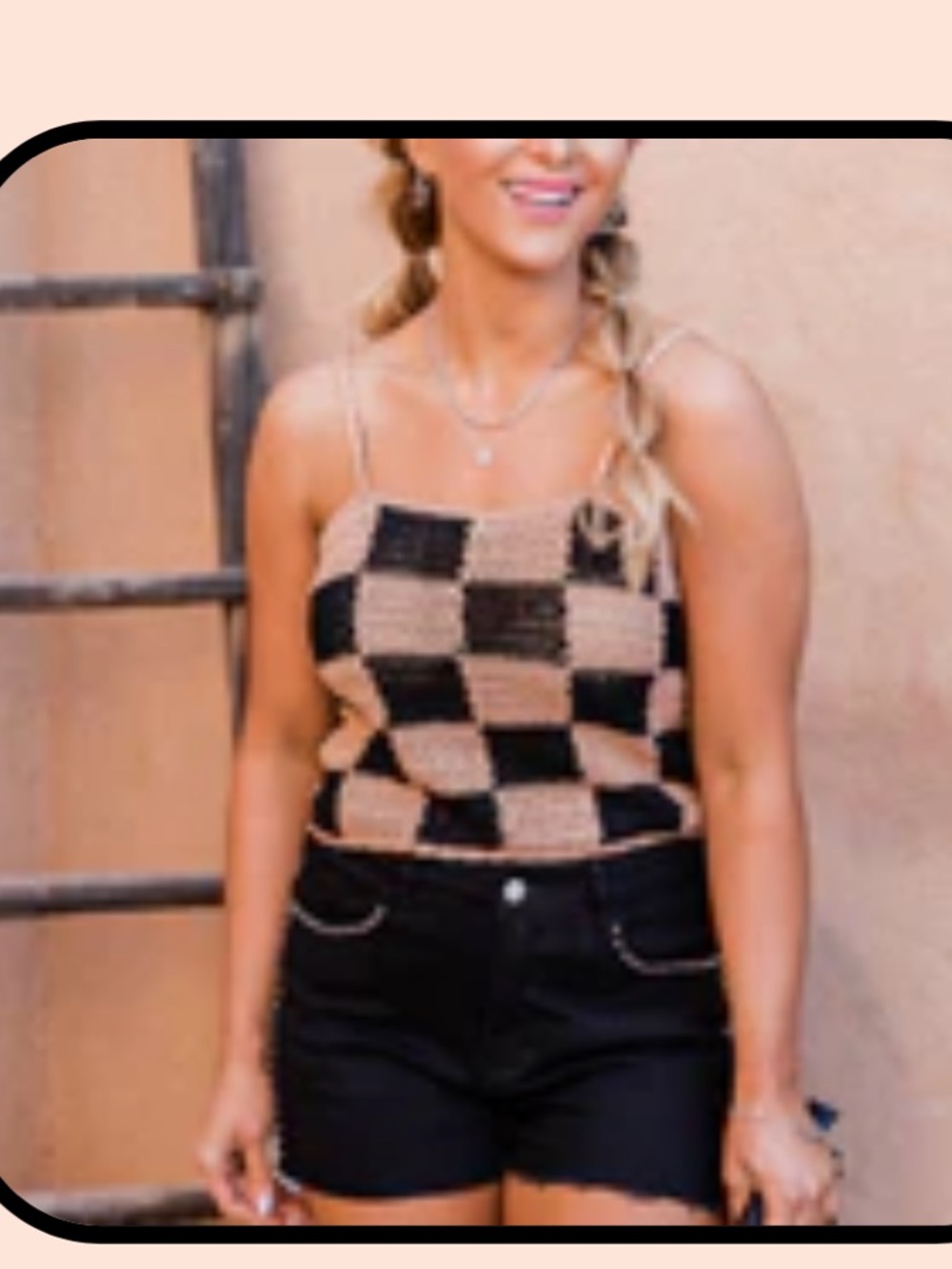 Pink Lily Black and Tan Checkerboard Crochet Cami Medium